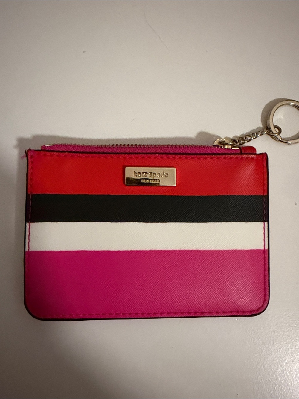 kate spade Red, Pink & Black Stripe Zip Card Case with Keyring